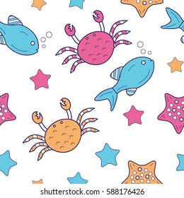 Cartoon crab with fish seamless pattern. Marine life character vector illustration. Design for textile, fabric, decor etc. Child drawing style background.