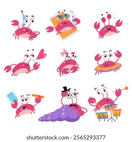 Cartoon crab. Funny crabs characters various emotions. Ocean sea animal different activities, rest with cocktail, play music, swimming, nowaday vector clipart