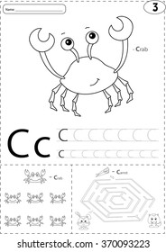 Cartoon crab and hare with carrot. Alphabet tracing worksheet: writing A-Z, coloring book and educational game for kids