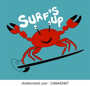 cartoon crab illustration and surf board