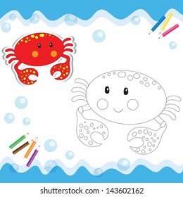 Cartoon crab isolated on white. Coloring book. Vector illustration.