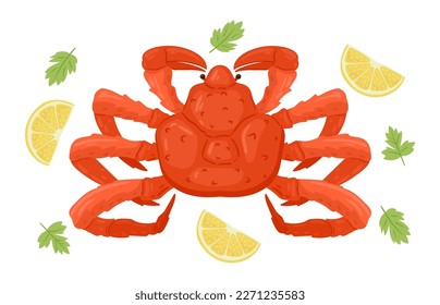 Cartoon crab. Marine animal with claws, ocean seafood, mediterranean diet, tasty red crab with lemon, fresh sea food flat vector illustration
