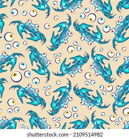 El patrón del cangrejo de caricatura es impecable. fondo de cáncer de mar. Ornamento de tela para bebés