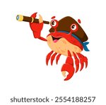 Cartoon crab pirate and corsair sea animal character looking in spyglass and donning tricorn hat. Isolated vector fearsome underwater arthropod personage with a glass in Its claws ready for adventure