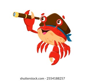 Cartoon crab pirate and corsair sea animal character looking in spyglass and donning tricorn hat. Isolated vector fearsome underwater arthropod personage with a glass in Its claws ready for adventure