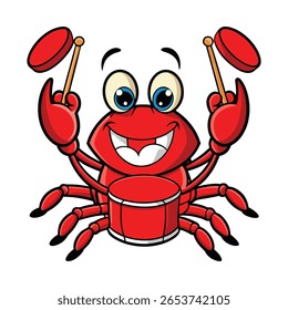 Cartoon crab playing drum with drumsticks animal