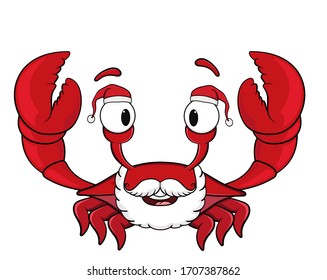 cartoon crab with santa claus beard and christmas hat.isolated on white background.vector stock illustration