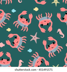 Cartoon crab seamless pattern with fish, seahorse and starfish. Marine life character vector illustration. Design for textile, wallpaper, fabric, decor etc. Child drawing style background.