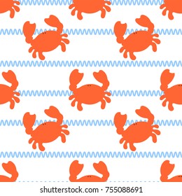 Cartoon crab seamless repeating background. Blue ocean waves over a white background. Vector format, flat color artwork style