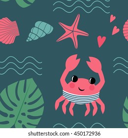 Cartoon crab with  shell, palm leaf, waves and starfish seamless pattern. Marine life character vector illustration. Design for textile, wallpaper, fabric, decor etc. Child drawing style background.