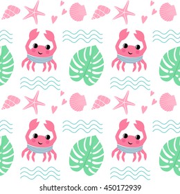 Cartoon crab with  shell, palm leaf, wave and starfish seamless pattern. Marine life character vector illustration. Summer design for textile, wallpaper, fabric, decor. Child drawing style background.