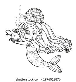 Cartoon crab showing a large pearl  to cute little mermaid girl in coral tiara outlined for coloring page isolated on white background