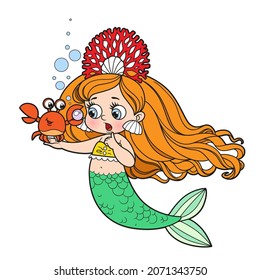 Cartoon crab showing a large pearl  to cute little mermaid girl in coral tiara color variation for coloring page