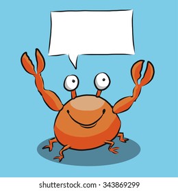 Cartoon crab with speech bubble on the blue background. Eps 10 vector file.