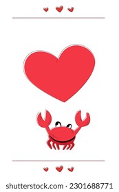 Cartoon crab stretches up to a big heart. Greeting card for Valentine's Day, declarations of love, wishes.