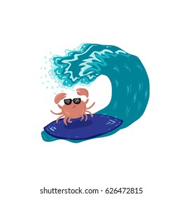 Cartoon crab in sunglasses surfing the big wave, vector illustration. Graphic design for children, t-shirts, icons, logo, cards. Isolated on white background. Summer vibes.