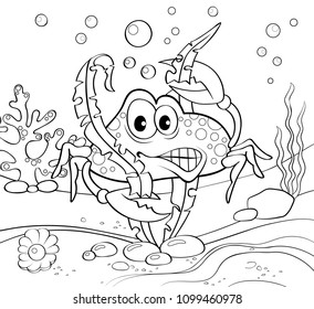 Cartoon crab. Underwater world. Black and white vector illustration for coloring book