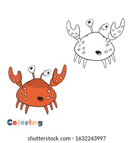 Cartoon crab. Vector illustration in the form of coloring and color example.