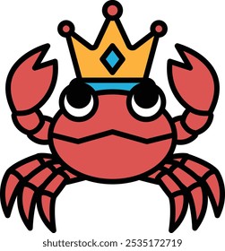 A cartoon crab wearing a crown. The crab is red and has a blue crown on its head