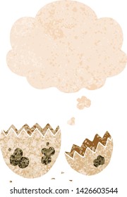 cartoon cracked egg with thought bubble in grunge distressed retro textured style