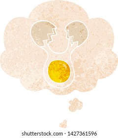 cartoon cracked egg with thought bubble in grunge distressed retro textured style