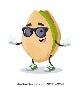 cartoon cracked pistachio nut character mascot in black sunglasses on a white background