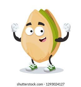 cartoon cracked pistachio nut mascot shows its strength on a white background isolated