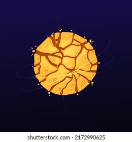 Cartoon cracked space planet, vector galaxy globe with broken yellow surface. Cosmic sphere in far universe, Ui game object, fantasy comet, meteor, isolated destroyed astronomy object with orbits