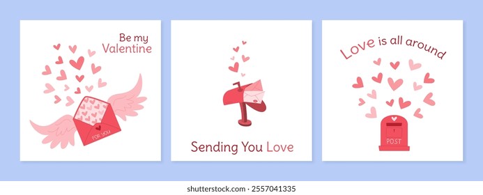 Cartoon craft valentine's day postcard set, modern style romantic mailbox with wing and envelope flyer, flat love mail poster or background, trendy cute letter template, creative handmade postcard.