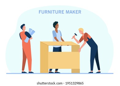 Cartoon craftsmen making furniture flat vector illustration. Furniture makers designing customized wooden table or desk together, using plan and hammer. Furniture assembling, woodwork concept