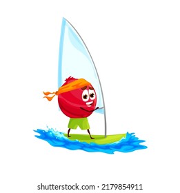 Cartoon cranberry character on windsurfing board, vector summer vacations. Funny cute cranberry berry fruit riding windsurfing sailboard, sea holiday fun and ocean sport activity emoji