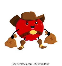 Cartoon cranberry cowboy character. Vector berry ranger, mooseberry wild west robber bandit in hat with money sacks in hands. Funny garden plant western personage, healthy happy vitamin food horseman