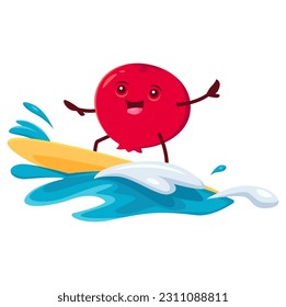 Cartoon cranberry surfer character on beach vacation. Fresh vector garden berry personage having outdoor fun at sea resort riding surf board on sea wave. Healthy food on summer relax or sport in ocean