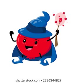 Cartoon Cranberry Wizard oder Magier Charakter. Vektormagier-Moosebeere mit Zauberstab-Zauber. Funny lächelnd Zauberer in blauem Hut und Kap, gesunder Food Faszinator Halloween Zauberer Persönlichkeit