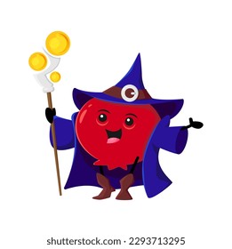 Cartoon cranberry wizard or magician berry character. Funny vector magic Halloween personage in cloak with staff. Mooseberry wiz or sorcerer with cute face, enchanter isolated necromancer cast spell