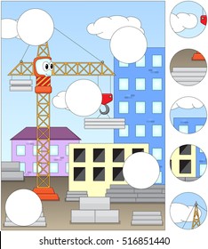 Grúa de caricatura en un lugar de construcción. Completa el rompecabezas y encuentra las partes que faltan en la imagen. Juego educativo para niños