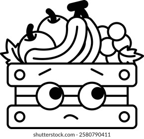 A cartoon of a crate of fruit with a sad face
