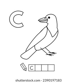 Cartoon craw coloring pages. Learning game for small children - write a word in English language. Vector alphabet for kids