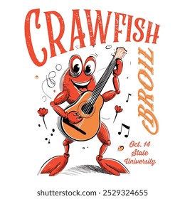 Cartoon crawfish playing guitar tee design, Women's Men's Shirt, Crayfish Shirt, Fishing Shirt, Funny Fish tee, Vintage retro print, seafood Crawfish sketch, drawing artwork grunge apparel t-shirt