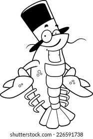 A cartoon crawfish with a top hat smiling and happy.