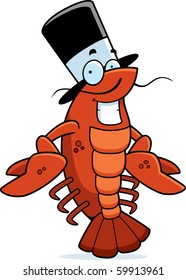 A cartoon crawfish with a top hat smiling and happy.