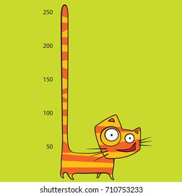 Cartoon crazy cat with long tail in air with measure points.
