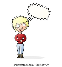 cartoon crazy excited woman with speech bubble