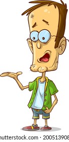 Cartoon crazy funny smiling geek boy character. Programmer in glasses and shorts showing hand. Vector isolated on white background.