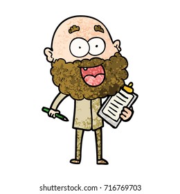 cartoon crazy happy man with beard and clip board for notes