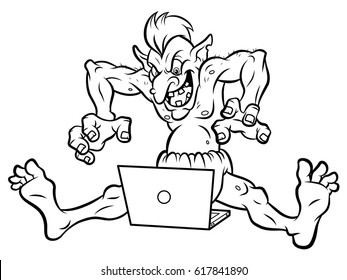 Cartoon Crazy Internet Troll With Laptop Line Art