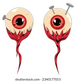 cartoon crazy pair Eyeball and nail in it  with nerve root, Halloween symbol