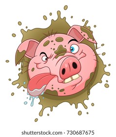 Cartoon crazy pig on the dirt background. Uncleanness concept. 