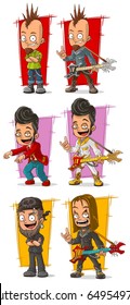 Cartoon crazy punk rock metal musicians with piercing and guitar character vector set