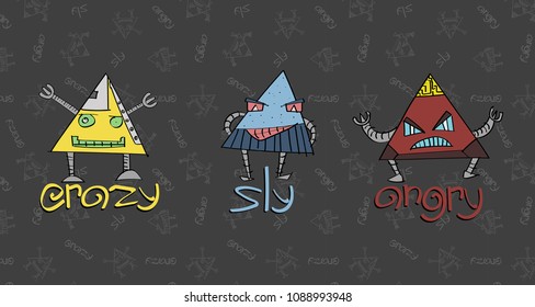 cartoon crazy sly and angry triangular robot with background